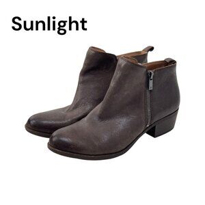 Lucky Brand Women Brown Leather Ankle Booties Size 9M Side Zipper Block Heels